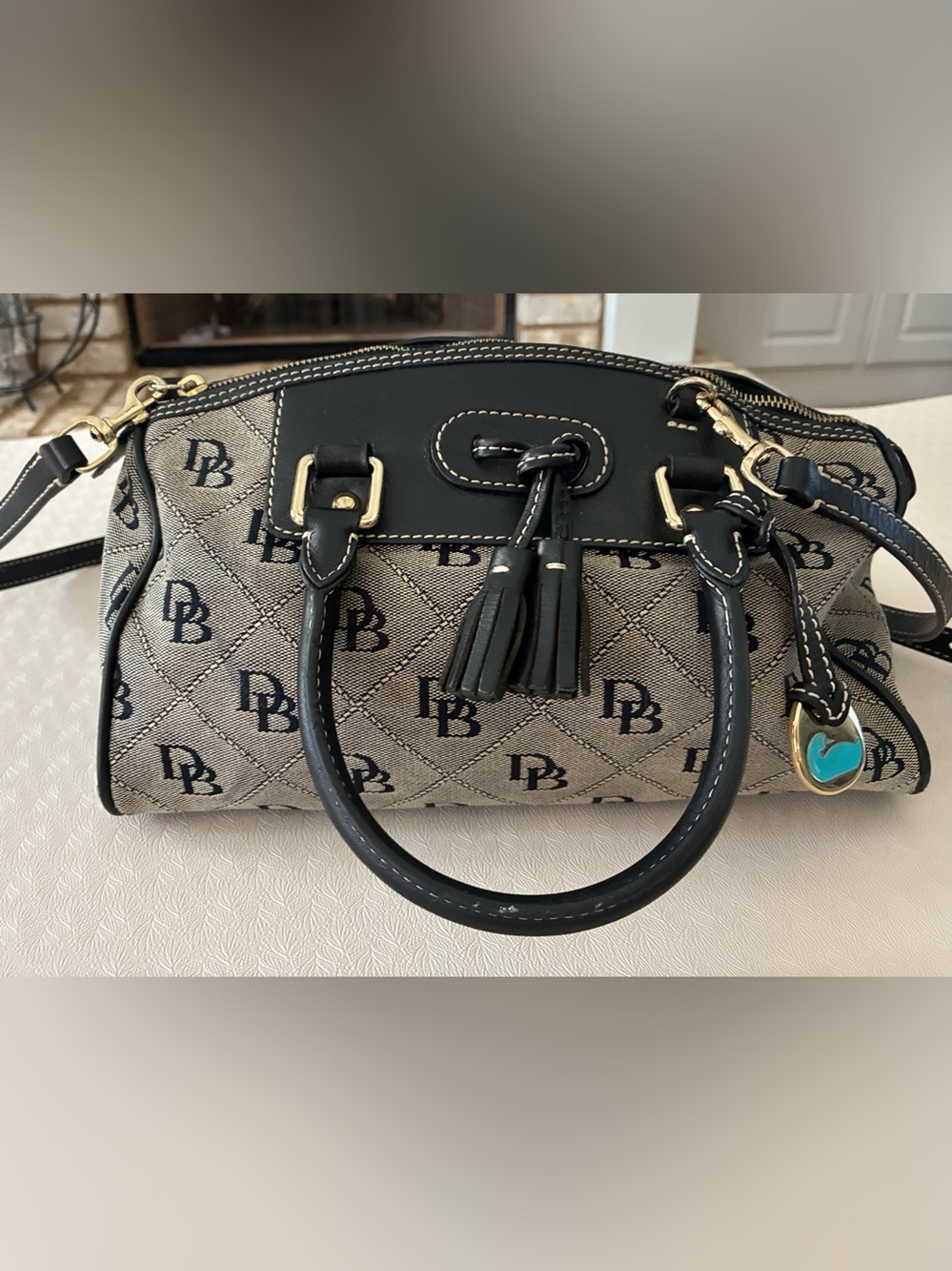 Vintage Dooney & Bourke Black and  Gray monogram canvas domed  Satchel
